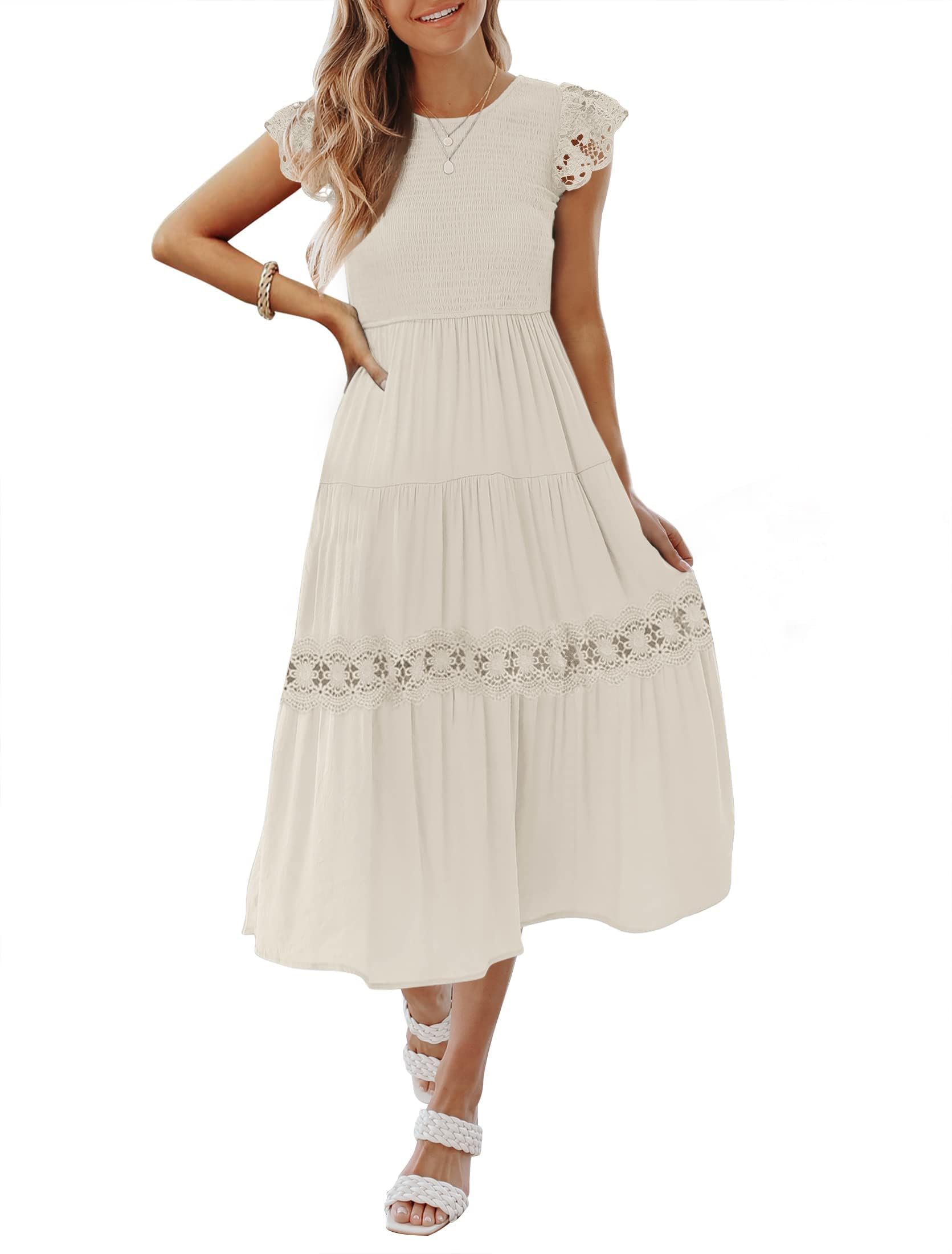 Photo 1 of ZESICA Women's Casual Crew Neck Flutter Sleeve Smocked High Waist Hollow Out Lace Trim Tiered A Line Midi Dress,Apricot,Medium