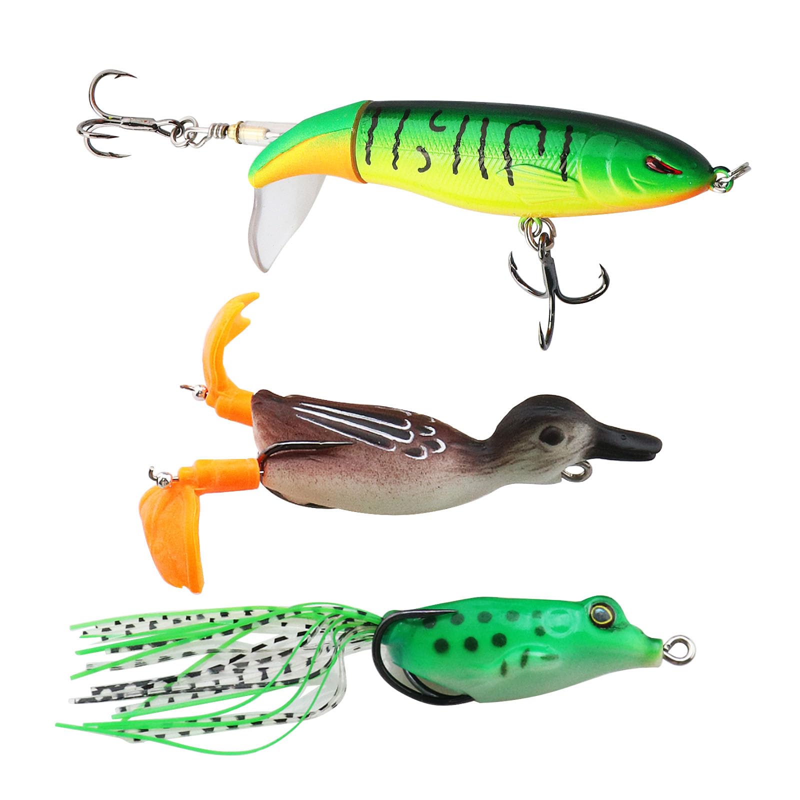 ECSiNG 3pcs Topwater Fishing Lure Set Including Topwater Fishing 3D Duck Topwater Frog Lures with Hook for Freshwater Saltwater Bass Pike Snakehead Dogfish Salmon