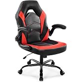 DUMOS Video Game Chair, Ergonomic Computer Desk Chair, Lumbar Support | Flip-Up Armrest Height Adjustable, PU Leather Swivel Wheels for Kids Adults, Scarlet Red