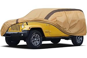 FSGRICH Heavy Duty Waterproof Car Cover Compatible with Jeep Wrangler 4 Doors 2006-2024 JK JL, Outdoor Anti-UV Sun Rain Protection Full Exterior Cover (Camel with Brown)