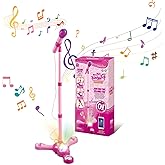 Kids Karaoke Machine with Adjustable Stand Kids Microphones for Singing Along with Rotational Flashing Stage Lights and Pedals Gift for Girls and Boys