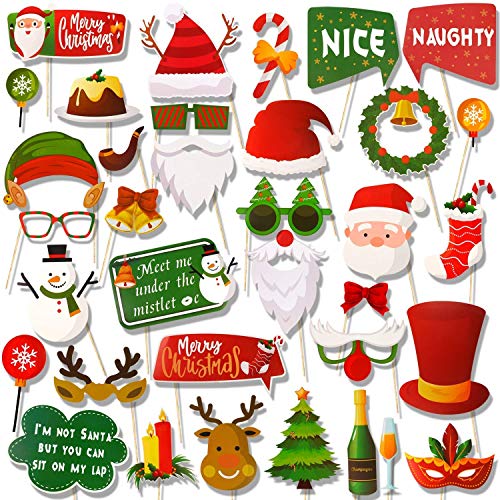 Christmas Photo Booth Props 34pc Artist Rendered Christmas Games for Party Supplies DIY Funny Xmas Selfei Props Accessories for Christmas Theme Party Favors Decorations Decor Supplies with Sticks