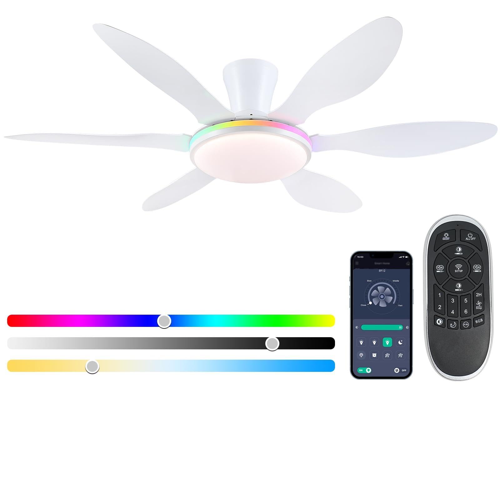 Photo 1 of Ceiling Fans with Lights, 51 inch Modern White Low Profile Ceiling Fan with Light and Remote App Control, Flush Mount, Quiet DC Reversible, RGB Led Ceiling Fan 6 Blade Softer Wind Indoor/Outdoor Patio