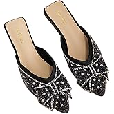Women's Rhinestone Bow Flat Mules,Fashion Sequins Bow-Knot Closed Pointed Toe Backless Comfortable Slip-On Beef Tendon Soft Sole Slides Wedding Party Mule Shoes