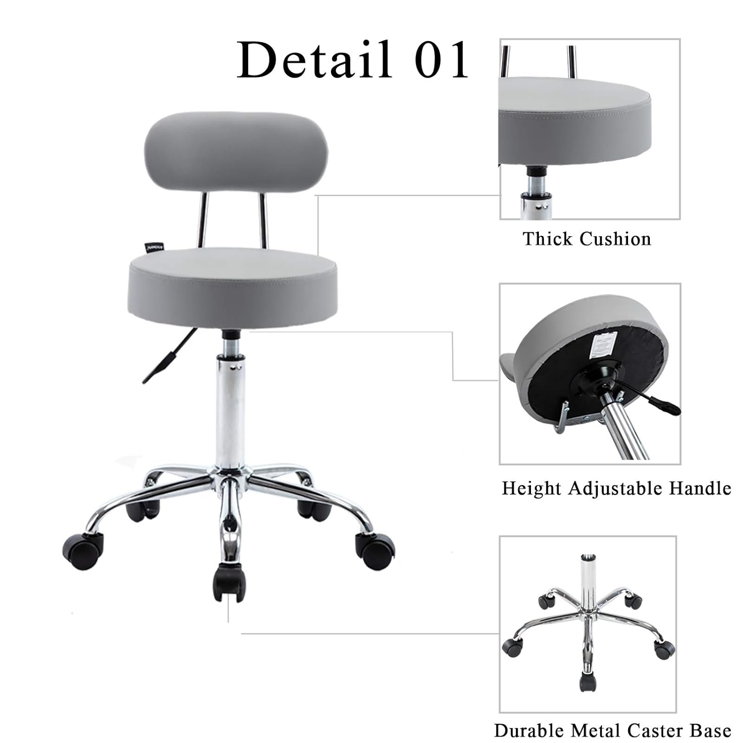 Artechworks Adjustable Rolling Swivel Massage Stool for Salon Spa Tattoo Facial Medical Office Stool Chairs with Backrest Wheels and Metal Plate Frame Grey(1 Pcs): Furniture & Decor