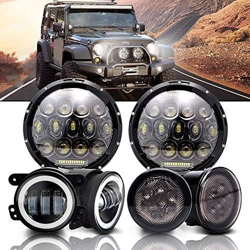 DakRide DOT 75W Hi/Lo Beam 7 Inch Round LED Headlight w/DRL + Pair 4 Inch 30W LED Fog Lights w/Halo Ring + Pair Amber Front LED Turn Signal Lights for 2007-2017 Jeep Wrangler JK JKU Sahara Rubicon
