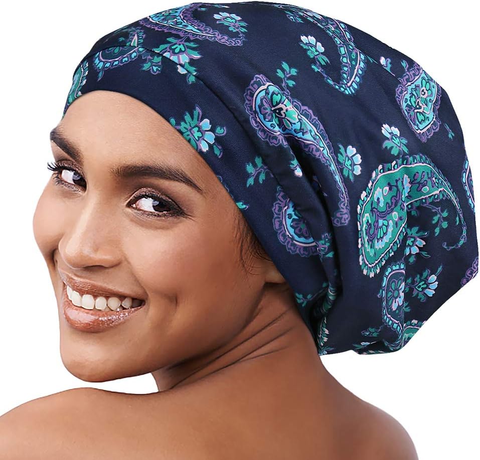 Satin Sleeping Cap for Curly Hair Women, Floral Hair Cover Bonnet Stay All Night
