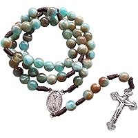 lulucross Blue 10mm Acrylic Beads Brown Rope Cording Catholic Rosary with Antique Silver Plated Saint Christopher Center and 