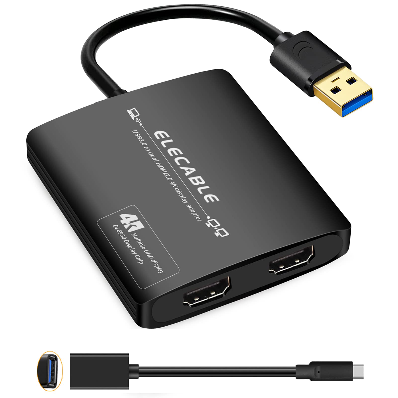 ELECABLE USB 3.0 to Dual HDMI Adapter - 4K@60Hz Ultra HD - Built-in DisplayLink DL6950 Chip - Extend Screen to Multiple Monitors - Compatible with Windows, Mac OS, Android, Chrome OS, Ubuntu