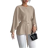 SOLY HUX Women's Long Sleeve Belted Elegant Blouses Fall Crew Neck Business Casual Shirt Dressy Tops