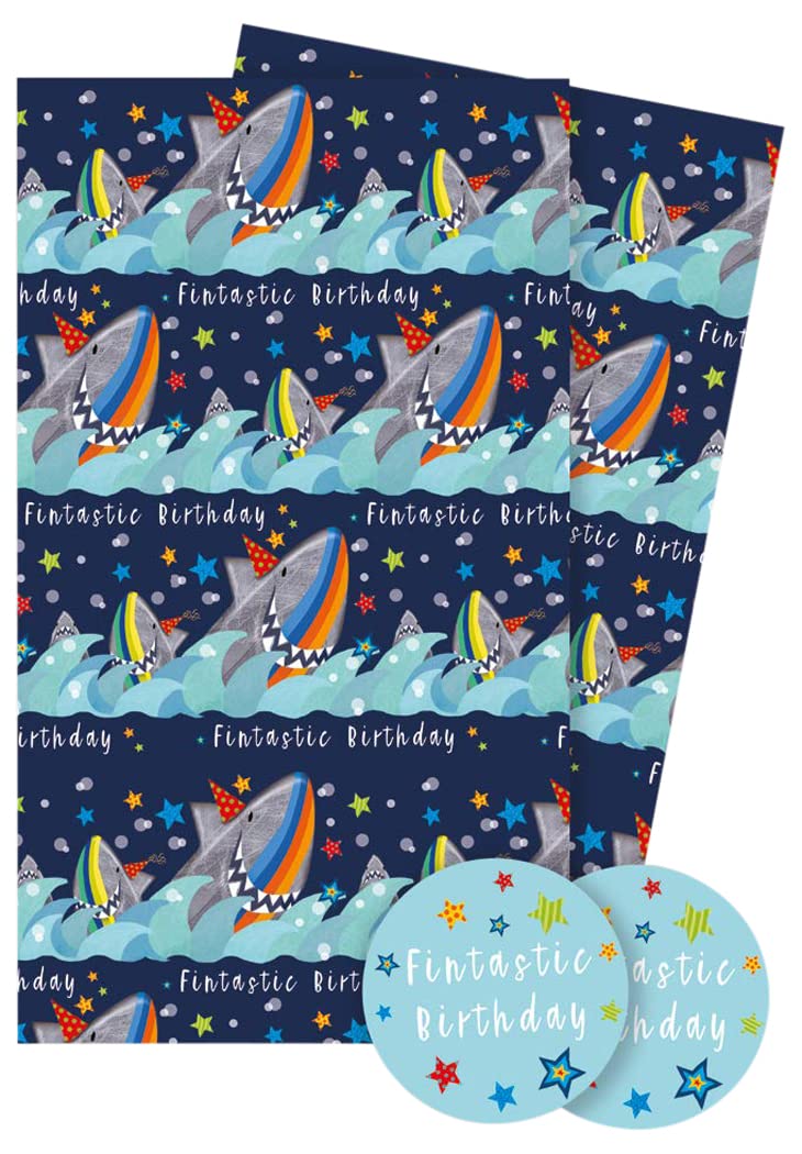 Abacus Cards Wrapping Paper 12621A Birthday Sharks Gift Wrap Pack with 2 Sheets and 2 Tags, Plastic Free & FULLY RECYCLABLE, multicoloured