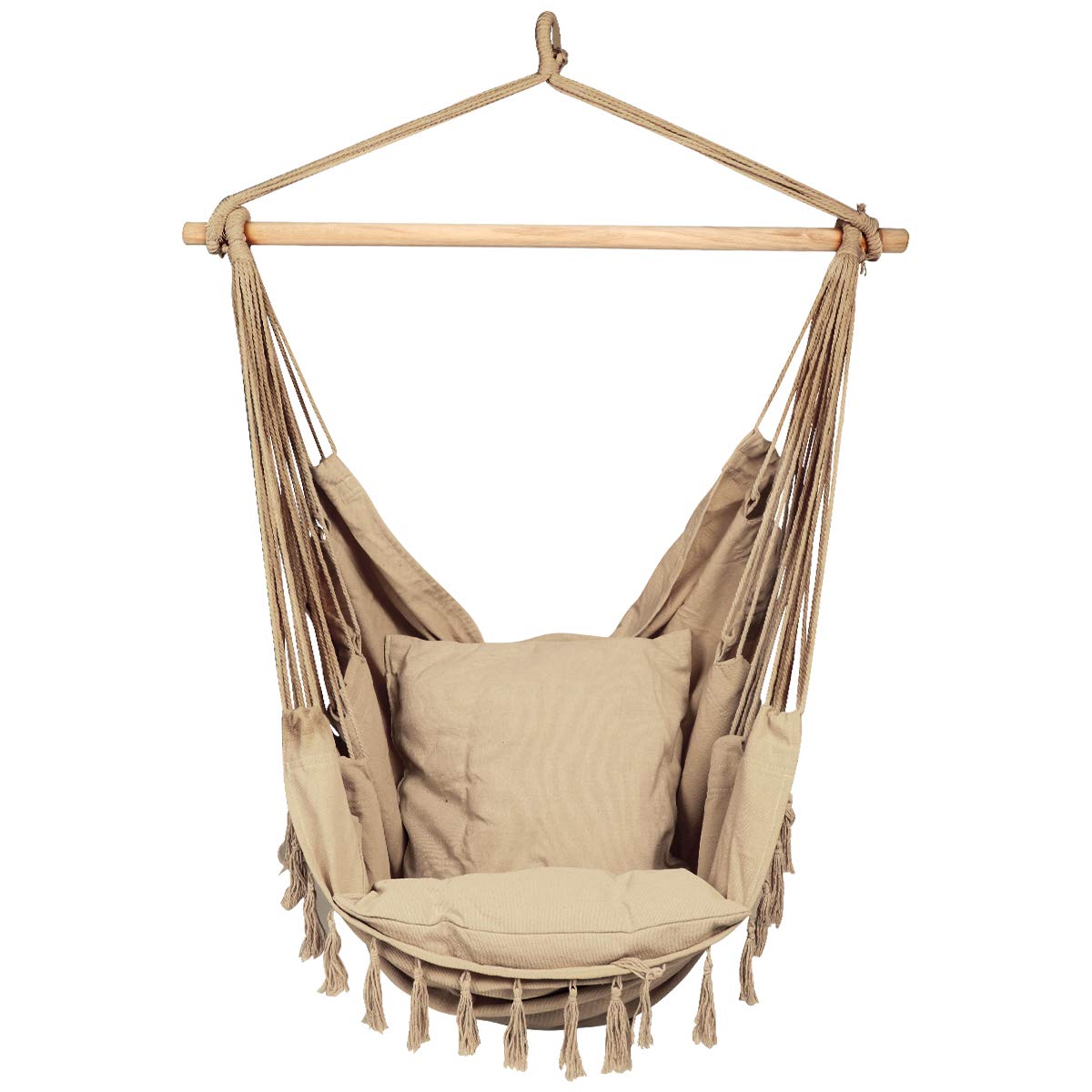 E EVERKINGHammock Chair, Hanging Rope Swing Seat for Indoor Outdoor, Soft Durable Cotton Canvas, 2 Cushions Included, Large Reading Chair with Pocket for Home, Bedroom, Patio, Porch (C-Coffee)