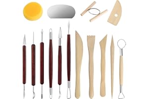 Fidqiog 15 Pcs Pottery Tools, Polymer Clay Tool Kit Set with Comfortable Wooden Handle, Air Dried Clay Tools for Carving Mode