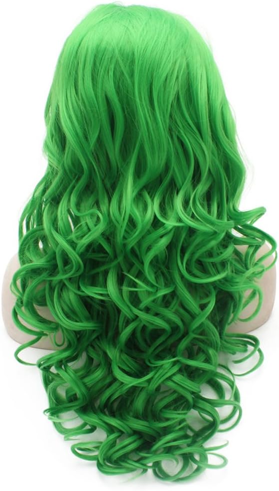 Long Wavy Hand Tied Synthetic Lace Front Green Cosplay Party Wig - Image 5