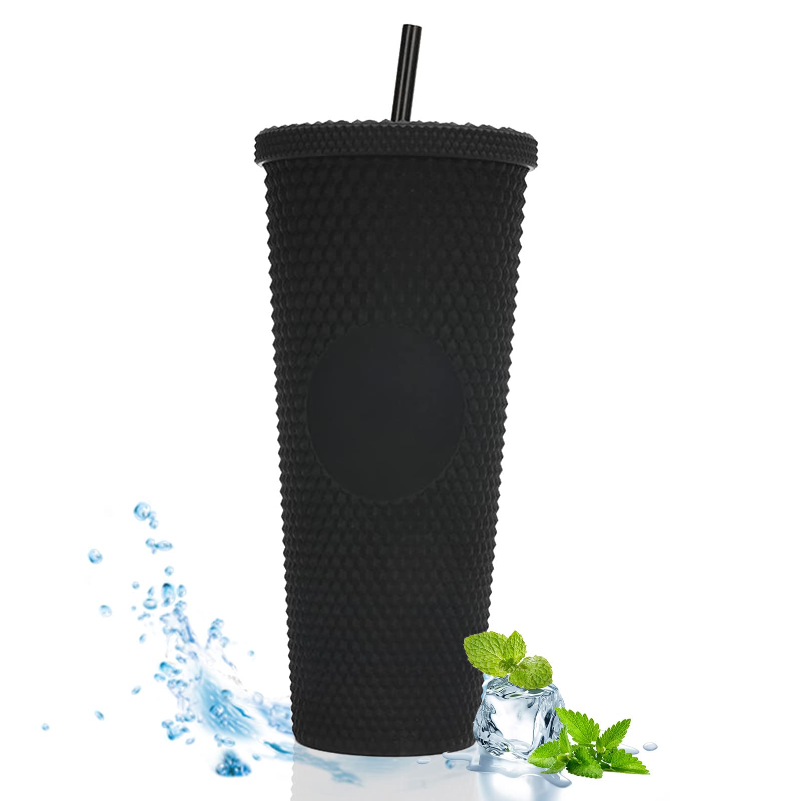 Studded Cup Tumbler 710ml Studded Tumbler with Lid and Straw Reusable Cold Cup for iced Coffee Double Walled Plastic Water Bottl Reusable(Black)