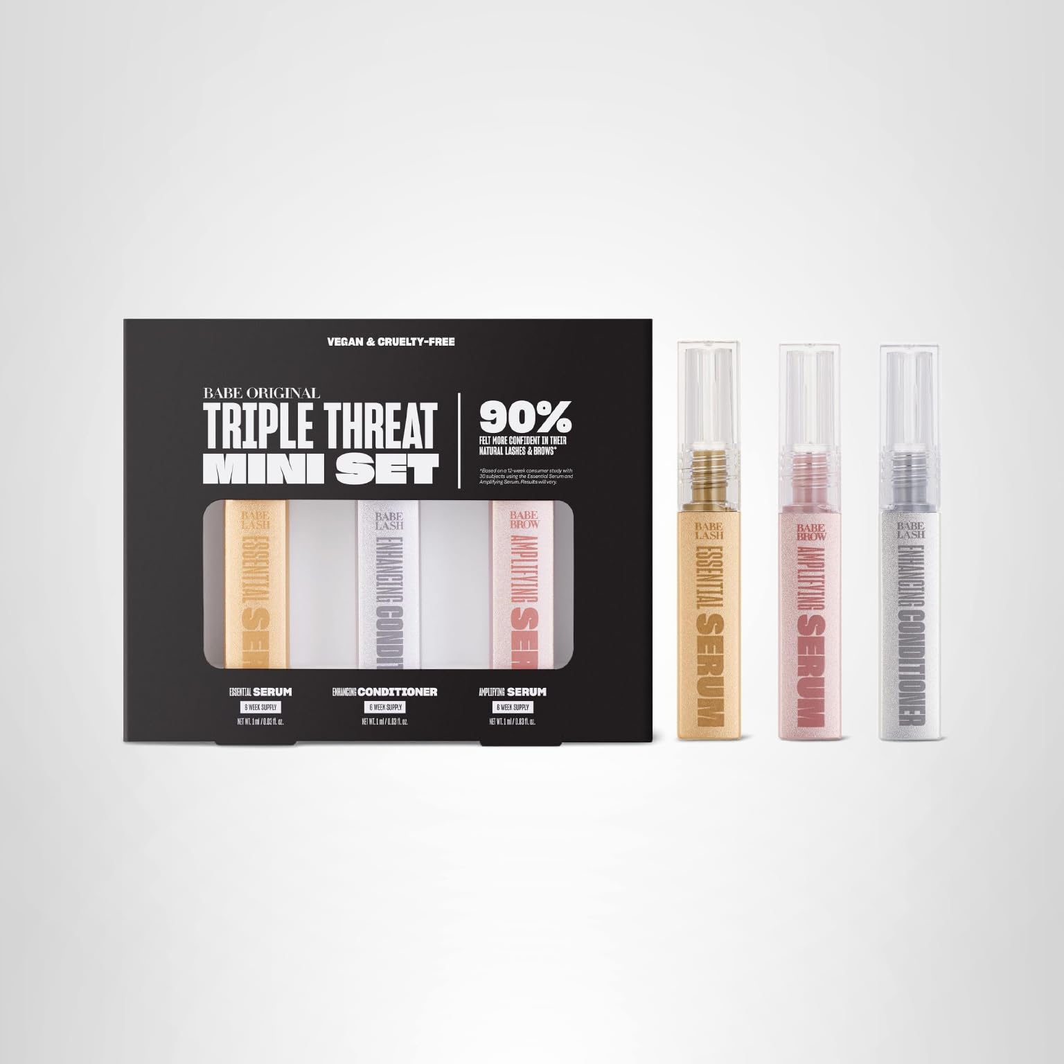 Babe Original Triple Threat Mini Set, Includes Babe Lash Essential Serum & Enhancing Conditioner + Babe Brow Amplifying Serum, 1 mL, 3 Pack