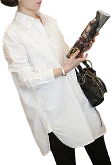 Amazon レディース 袖カット ロング 丈 ブラウス シャツ 白 ホワイト ゆったり オールシーズン 大きめサイズ も 有 オフィス ワーク シャツ ブラウス 通販