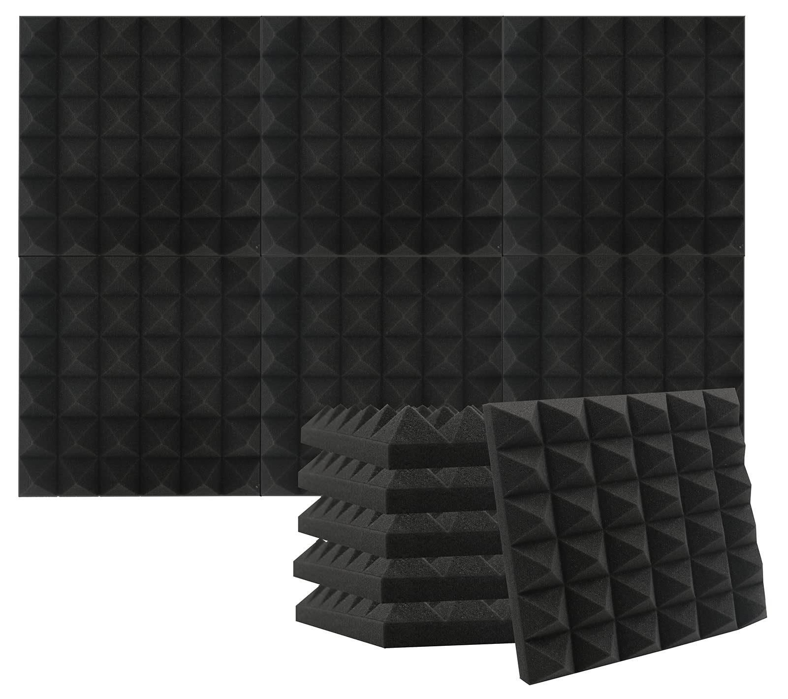 Heavyoff 12 Pack Acoustic Foam Panels Pyramid Fireproof Soundproof Noise Cancelling Foam Studio Wall Tiles for Recording Black 12"x12"x2"
