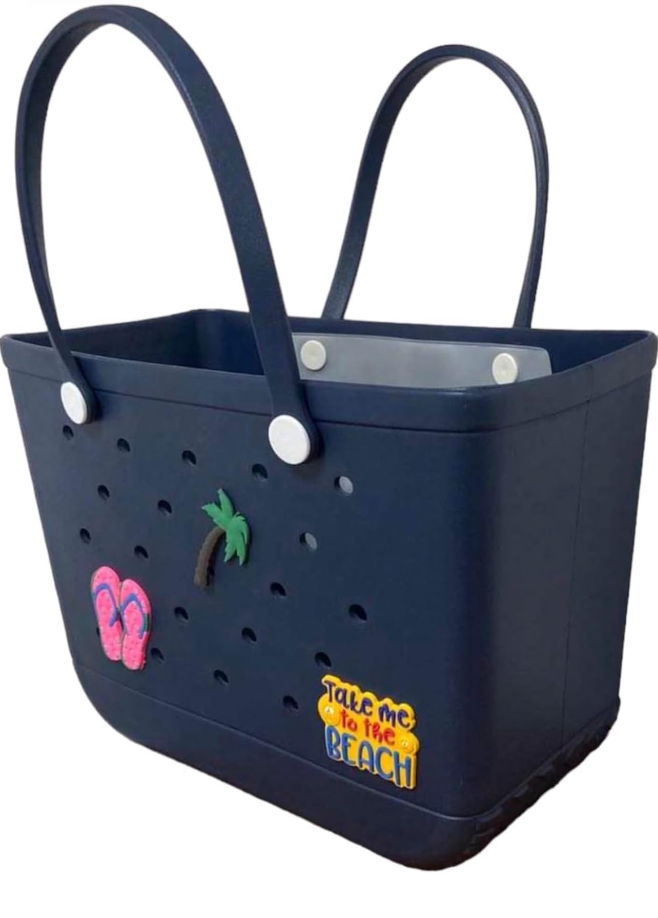 Photo 1 of XL Waterproof Rubber Beach Tote Bag with Drainage Holes –Stylish Rubber Bag with Charms for Sand-Free Beach,Pool & Lake Days (Navy Blue)