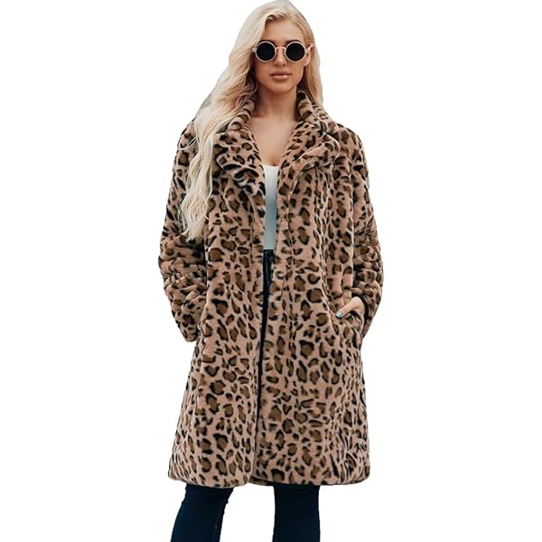 Yomcud Long leopard suit collar faux fur coat women's casual