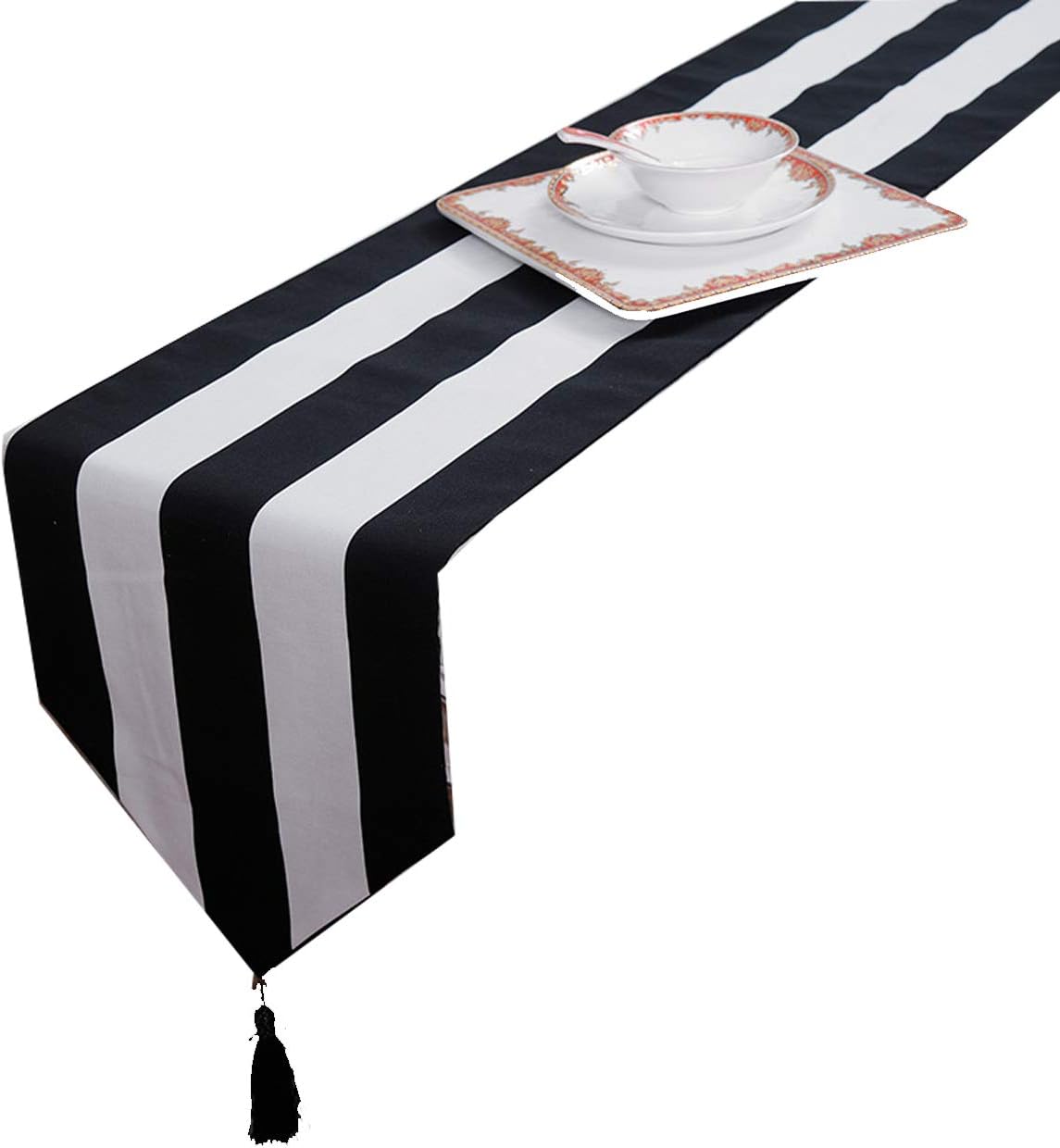 Classical Black and White Striped Table Runner, Long Table Runner with Smooth and Delicate for