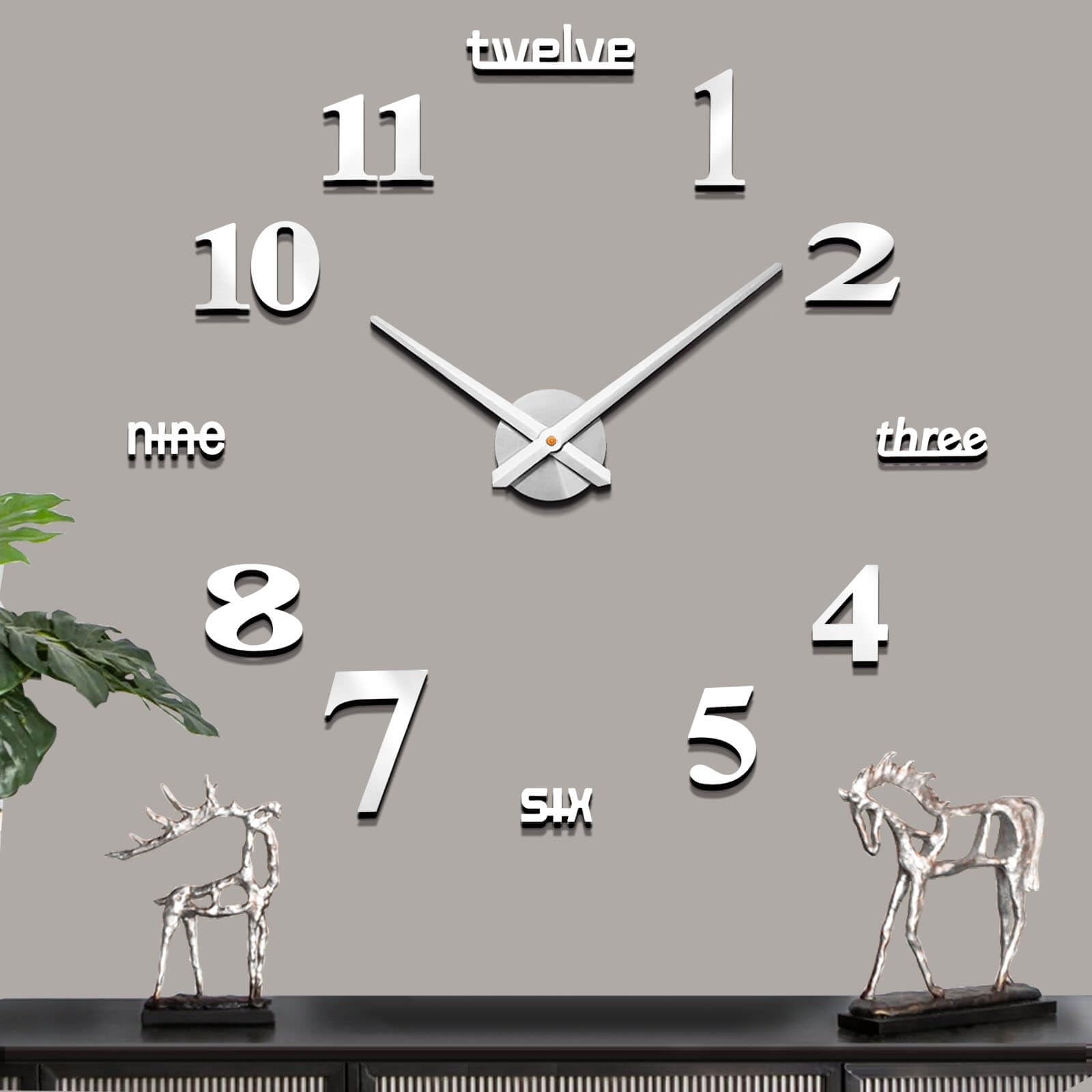 Mintime Frameless Large 3D DIY Wall Clock Mute Mirror Stickers Home Office School Decoration (Silver-14)