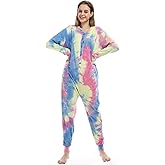 Lifeye Womens Onesie Pajamas Romper Sleepwear Set Tie Dye Long Sleeve Jumpsuit Homewear with Drop Seat Butt Flap