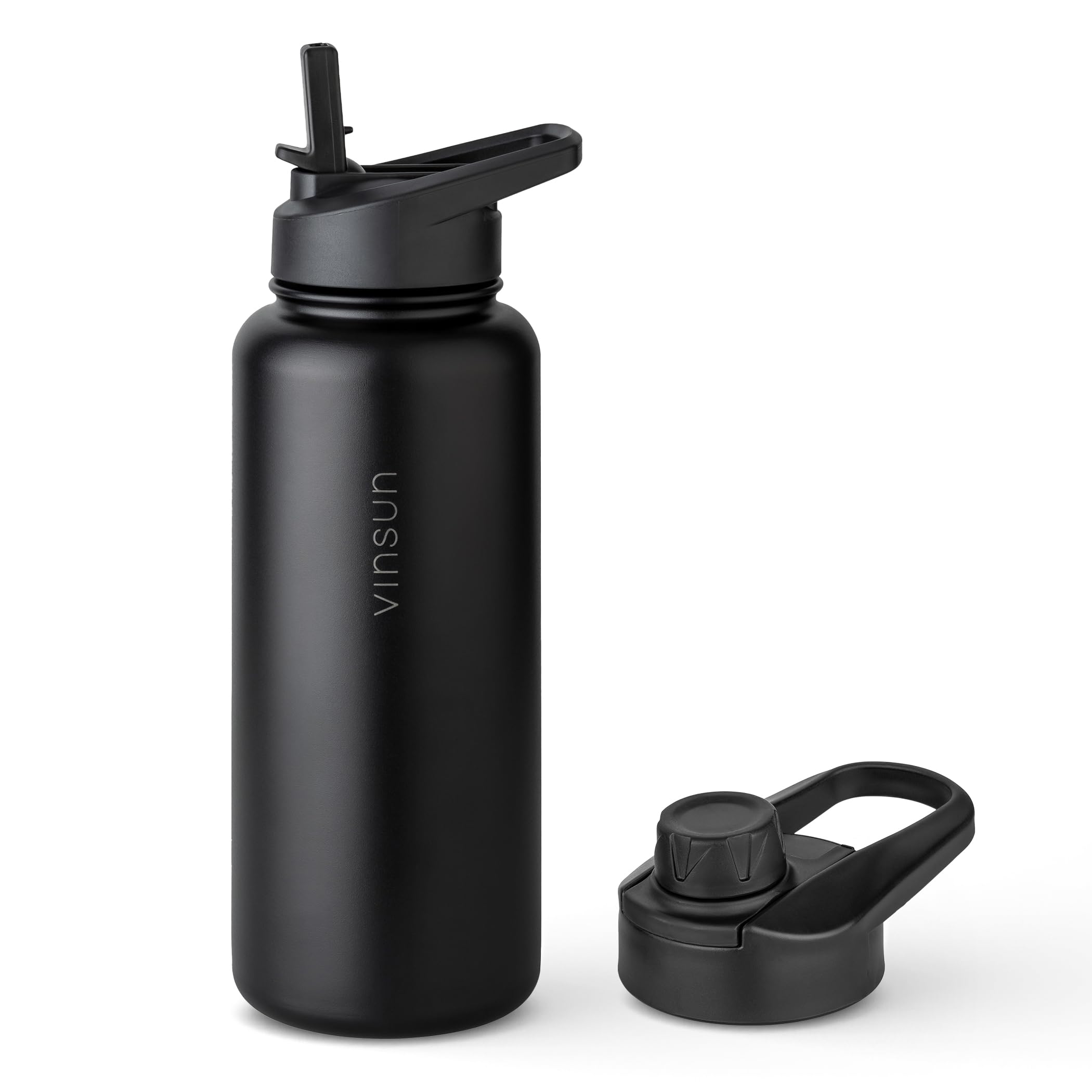 VINSUN Thermo Bottle Black 1L - Leakproof, Carbonic Acid Suitable, BPA Free - Straw Lid, Drinking Opening - Insulated Stainless Steel Drinking Bottle for Sports, School, Office, Camping
