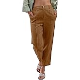 Amazhiyu Women's 100% Linen Summer High-Rise Effortless Pintuck Ankle Pants Brown, Large
