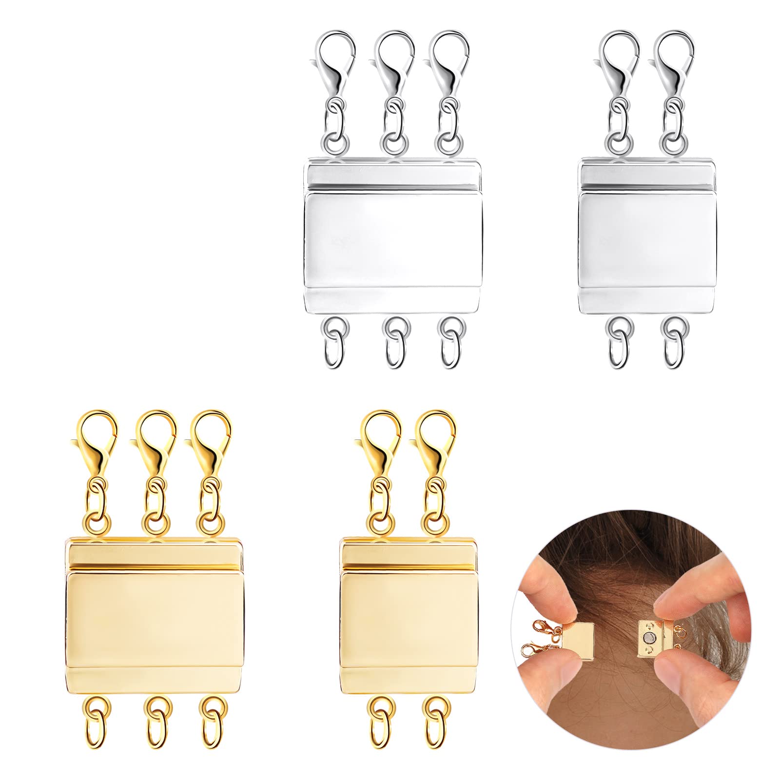 KINBOM 4pcs Layered Necklace Clasps, Layering Magnetic Detangler Jewelry Connectors Magnetic Separator for Layering Jewelry DIY (2/3 Strands Silver and Golden)