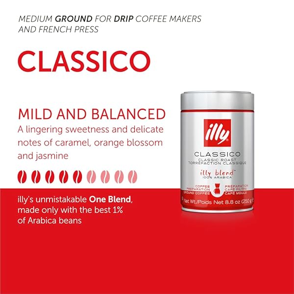 ILLY CLASSICO GROUND DRIP COFFEE, MEDIUM ROAST, CLASSIC ROAST WITH NOTES OF CHOCOLATE & CARAMEL, 100% ARABICA COFFEE, NO PRESERVATIVES, 8.8 OUNCE (PACK OF 1)