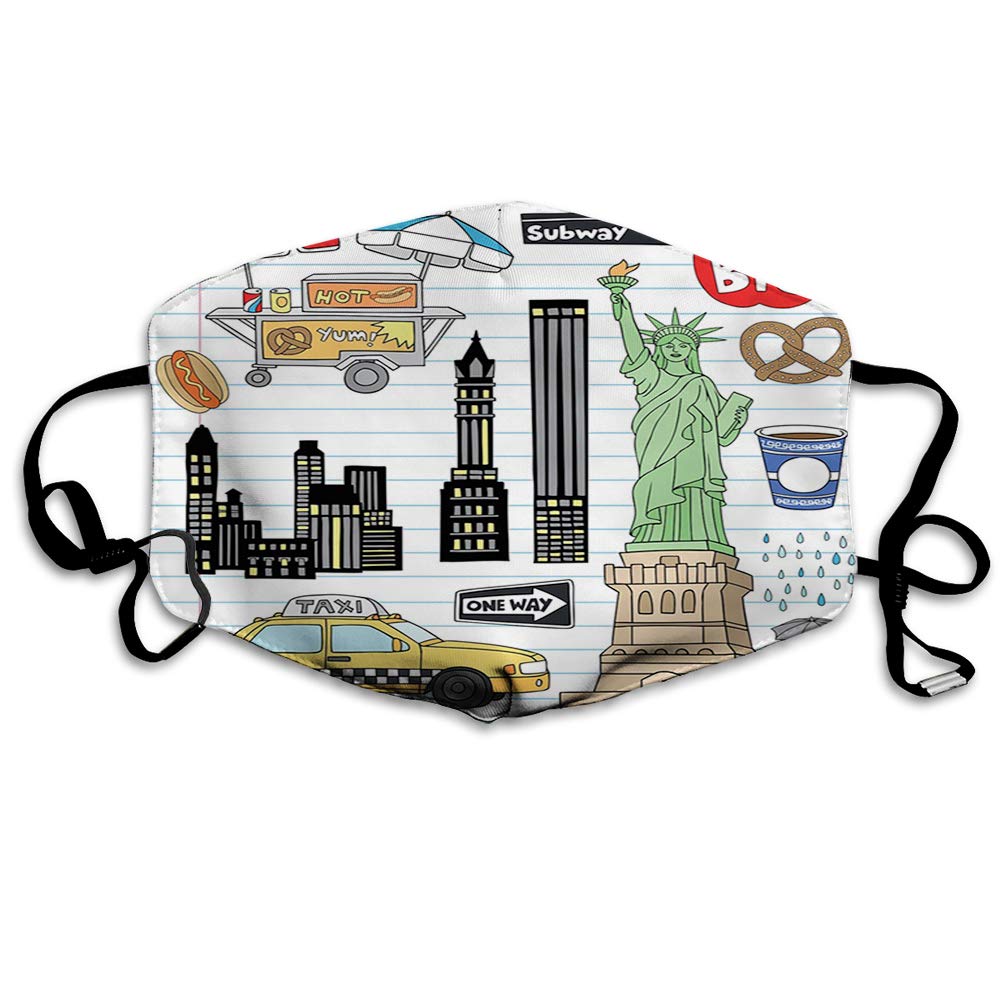 Comfortable Mask,Doodle, New York City Manhattan of Liberty Big Fruits Hot Dog Stand Sketch Style,Multicolor,Printed Facial decorations for adult  we-0737