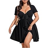 SOLY HUX Women's Plus Size Bow Tie Short Sleeve Summer Short Dress Cocktail Beach Wedding Dresses