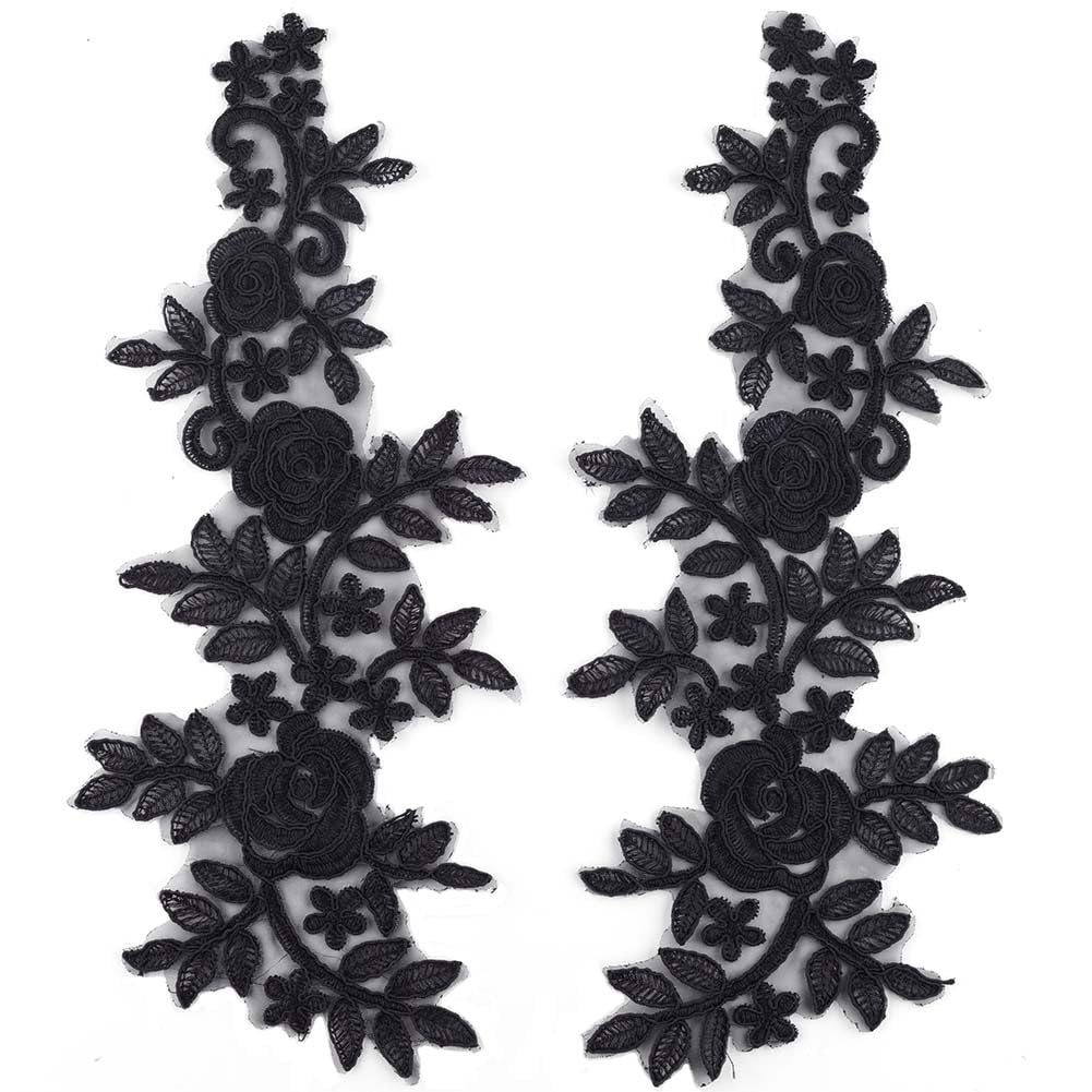 GORGECRAFT 4Pcs Floral Lace Applique Black Flower Embroidered Sew on Patches Rose Leaves Collar Fabric Applique for DIY Sewing Crafts Dress Clothing Backpacks Embellishments 36x14.5cm