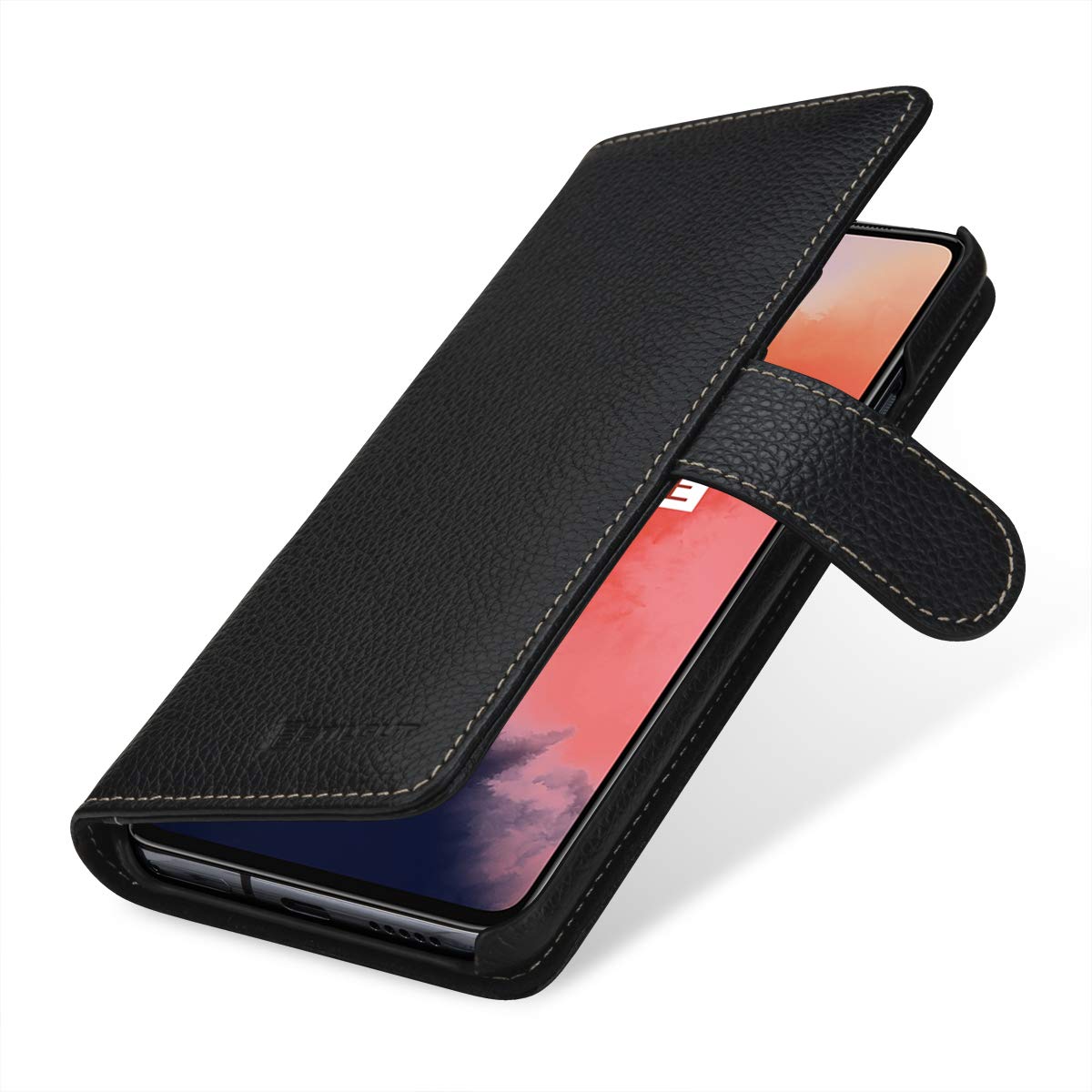 StilGut Wallet Case for OnePlus 7T, Genuine Leather OnePlus 7T Case with Card Slots & Magnetic Closure, Black
