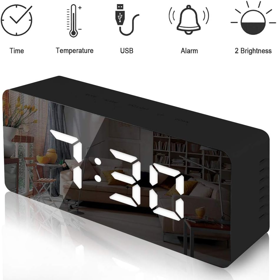 Lambony Digital Alarm Clock Mirror Alarm Clocks with Temperature Led Display Snooze Time Adjustable Brightness USB & Battery Powered for Bedroom, Office, Black(New Version)
