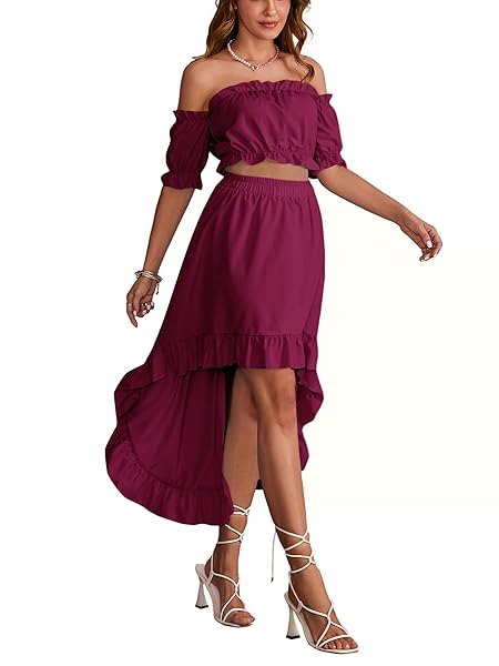 LYANER WOMEN’S TWO PIECE OUTFITS OFF SHOULDER CROP TOP AND HIGH LOW SKIRT SET CRANBERRY RED SMALL