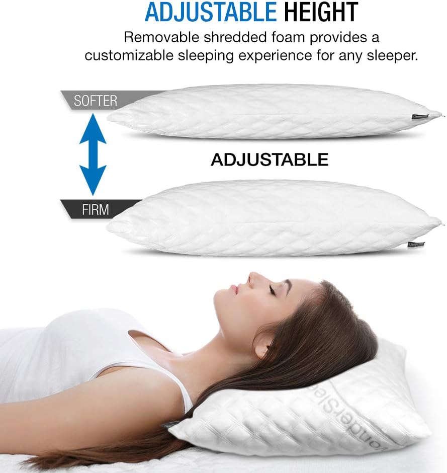 WonderSleep Dream Rite Shredded Hypoallergenic Memory Foam Pillow Series Luxury Adjustable Loft Home Pillow Hotel Collection Grade Washable Removable Cooling Bamboo Derived Rayon Cover- Queen 1 Pack: Home & Kitchen