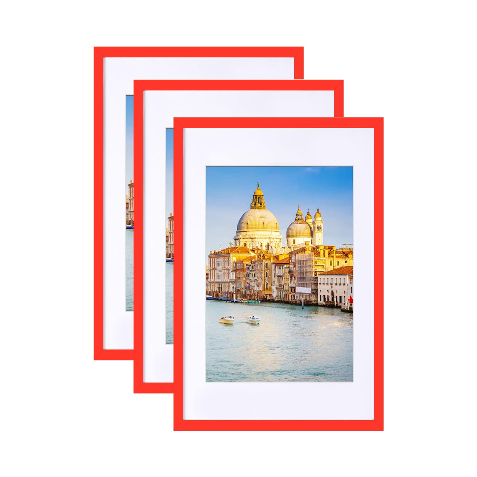 wyooxoo 16x24 Poster Frame Set of 3 Red Made of Solid Wood Photo Frames Display Pictures 12x18 with Mat or 16x24 Without Mat Colorful Frame For Horizontal Vertical Wall Mounting Image