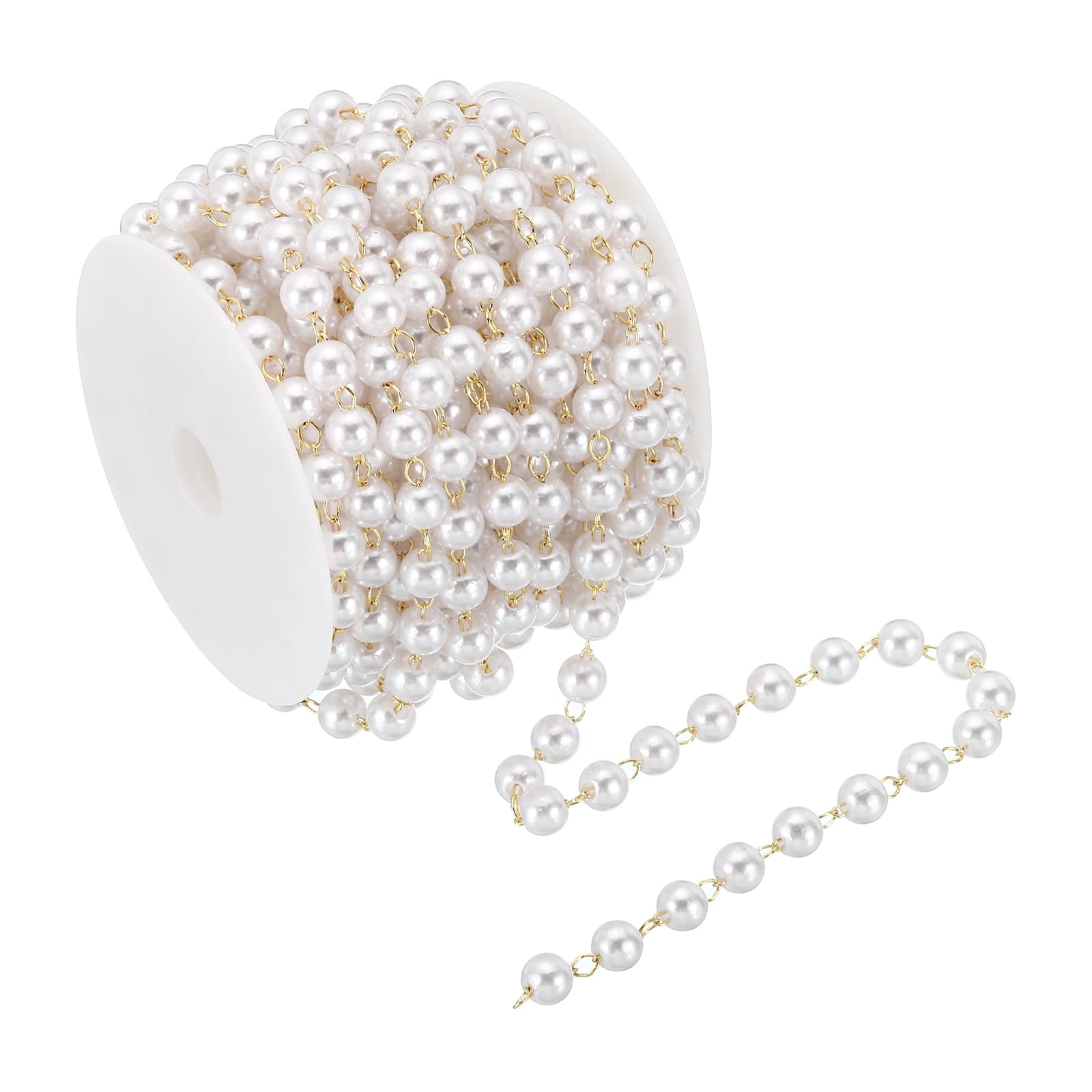 PATIKIL 5m/16 Feet Faux Pearl Beading Chain with Spool, 6mm Brass Chain Link for Decoration Making DIY Accessories Style 1, Light Gold