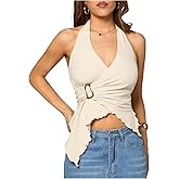 Milumia Women's Tie Backles Halter Top Y2k Asymmetrical Wrap Going Out Tops Clubbing Party