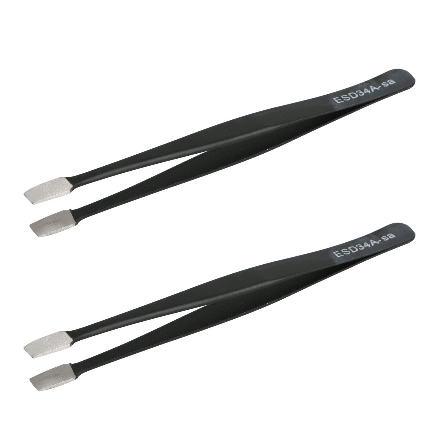 Aoje-Link ESD-34a Professional Anti-Static Precision Technology Tweezers, Non-Magnetic Flat Straight, Stainless Steel Plastic Coated, Full Length 120mm, Black, 2pcs