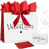 Kolldenn 1 Pack Large 13'' Valentines Day Gift Bags with Tissue Paper Greeting Cards Happy Valentines Gift Wrapping Paper Bag with Handles Ribbon Bow for Women Men Anniversary Party Favor (White Red)