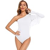 Komorebi Women's Fringe Trim One Shoulder Long Sleeve Bodysuit Top Cowgirl Outfits Disco Outfit Bodycon Leotard Fitted Top