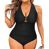 Aqua Eve Women Plus Size One Piece Swimsuits V Neck Tummy Control Bathing Suits Retro Ruched Swimwear