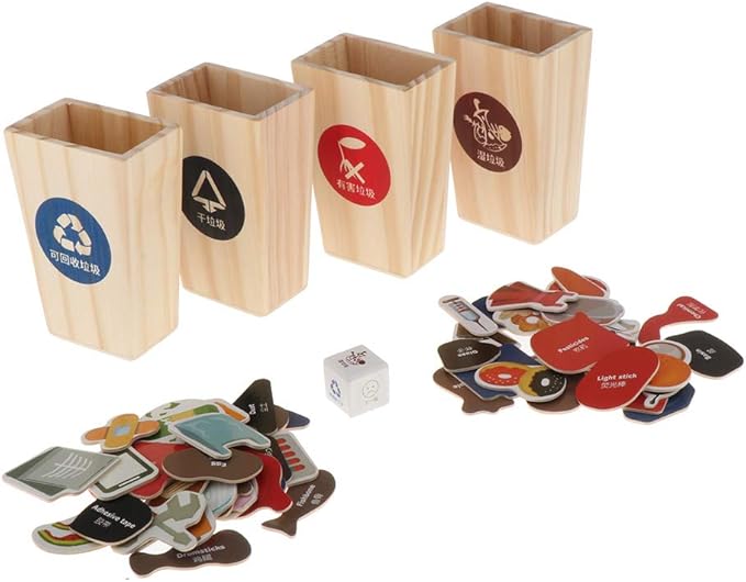 Wooden Sorting Bins Toy, Mini 4pcs Garbage Can & Foods Cards Playset