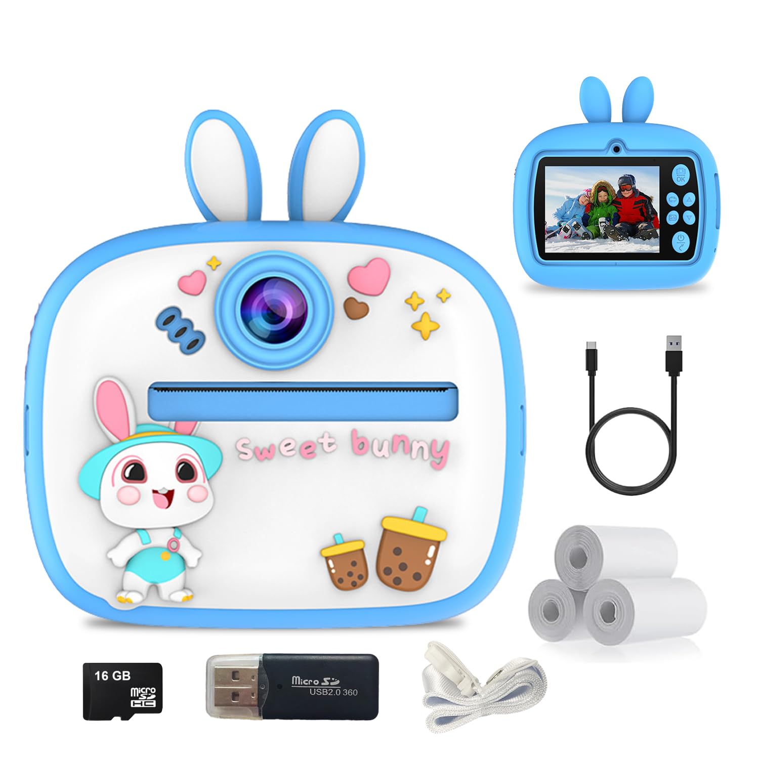 HTT GLOBAL Kids Camera Instant Print 1080P Children Camera with 16GB Card & 3 Rolls Photo Paper, Birthday Gifts Selfie Toys for Boys & Girls Age 3-12, Blue