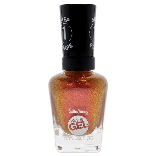 SALLY HANSEN MIRACLE GEL™, SUNDOWN SOCIALITE, LONG LASTING, GEL-LIKE FORMULA, NO UV LAMP NEEDED, ORANGE GLITTER NAIL POLISH