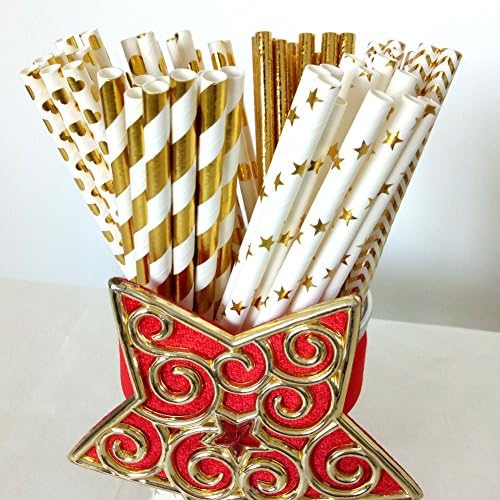 Fzopo Gold Foil Drinking Straws,for a Tea Party,Dinner,Celebrations and Parties,Bright and Shiny Added a Festive Atmosphere,Biodegradable Sturdy for Paper Straws 7.75 Inches Pack of 150