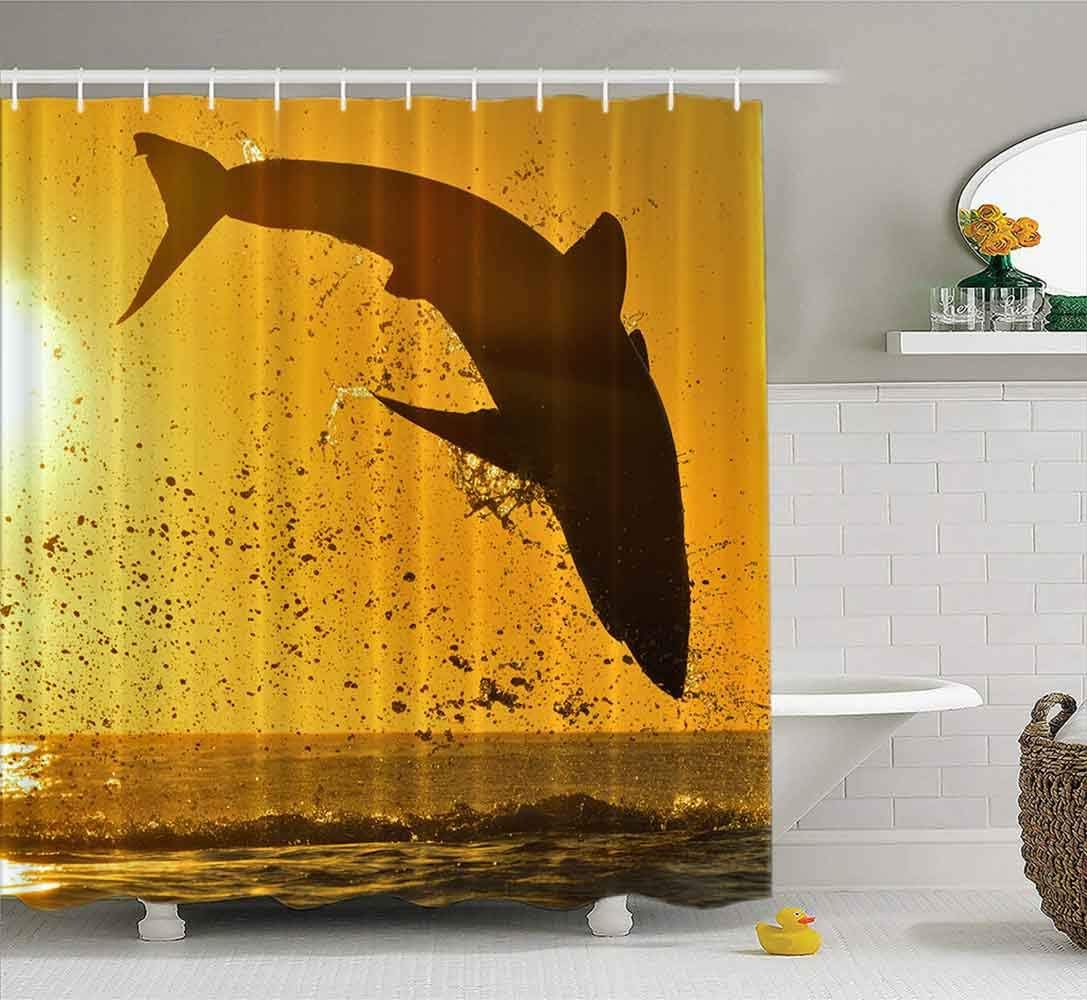 Musesh Shower Curtains,Wide Shower Curtains,78X72 Inch Shower Curtain with Hooks for Bathroom Silhouette of Jumping Great White Shark on Sunrise Red Sky Background in Attack Hunting South Africa